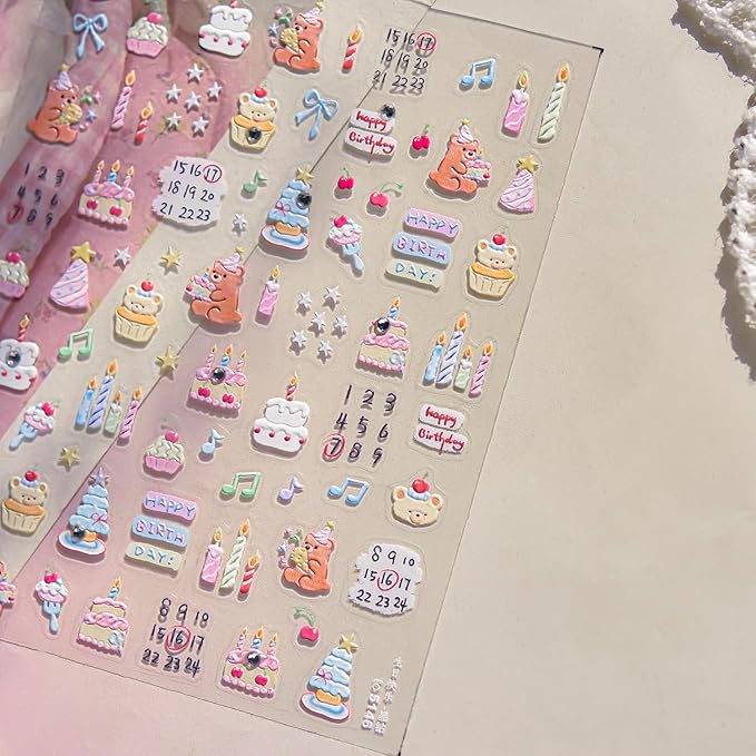 Christmas Tree Nail Stickers 3D Birthday Cake Candle Nail Art Stickers Letter Number Bear Nail Decals Self Adhesive Design Sticker Holiday Nail Art Decoration for Girls Women Manicure Accessories
