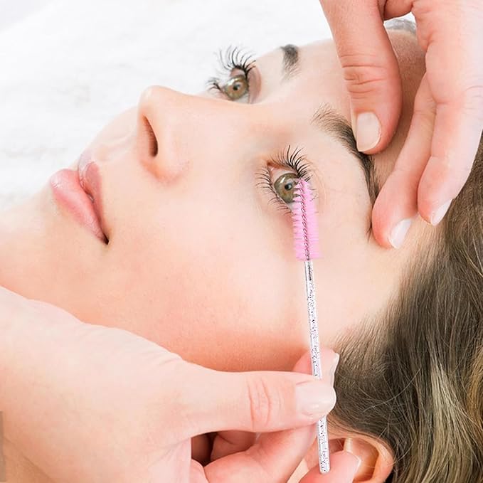 (400+300 Pieces) Pink Crystal Handle - 400 Cotton Swabs + 300 Brushes for Lash Extensions, Makeup (Simple Packaging)-(Crystal Pink)