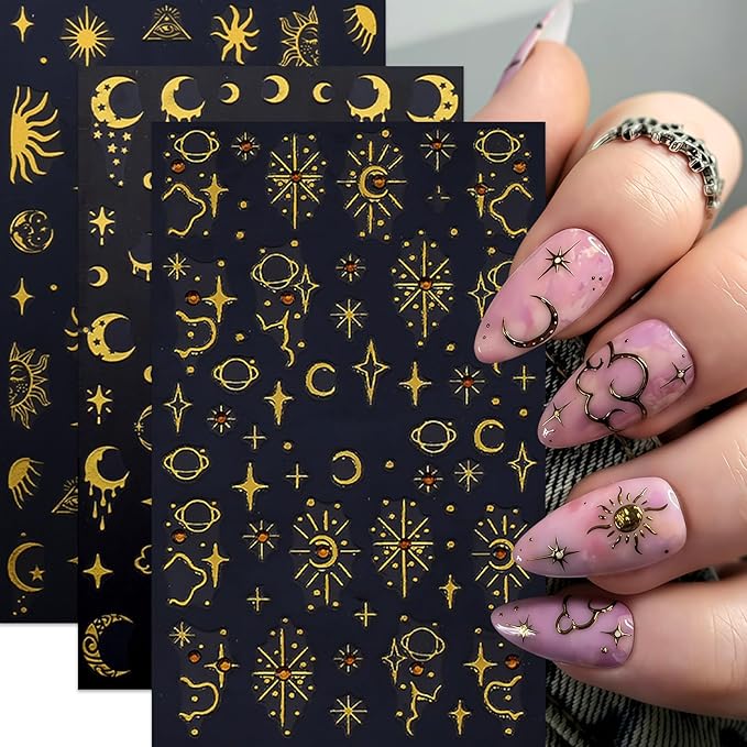 6 Pcs Gold Star Nail Stickers for Nail Art,Self-Adhesive Red Diamond Star Moon Nail Decals Star Moon Sun Pegatinas Uñas Cute Stars Nail Design Stickers Nail Art Supplies for Women Nail Decorations