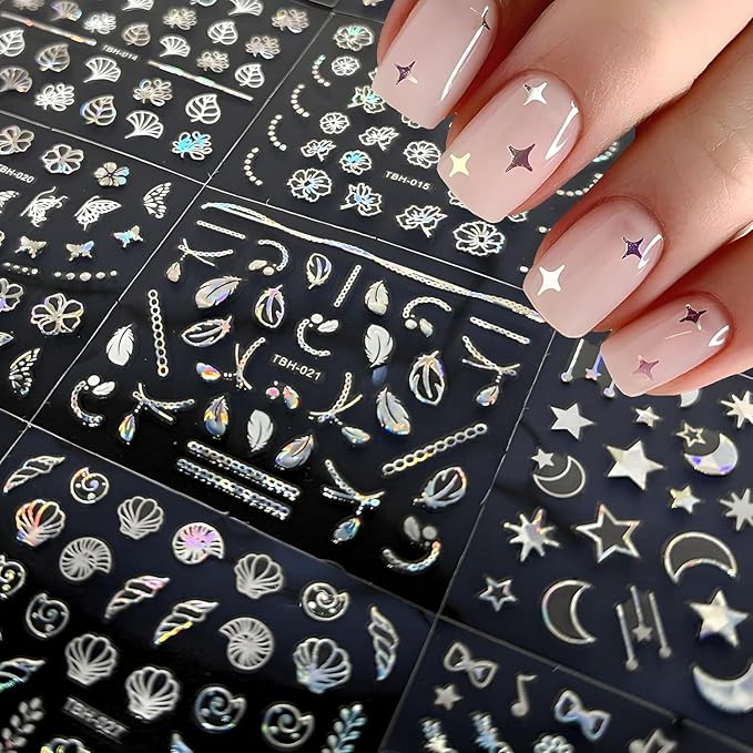 30 Sheets Aurora Nail Art Stickers Heart Star Nail Decals 3D Self-Adhesive Holographic Laser Star Nail Stickers Glitter Flower Butterfly Pattern Acrylic Design for Women Girls DIY Nail Art Decoration