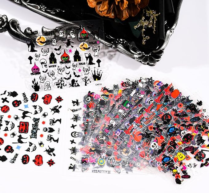24 Sheets Halloween Nail Art Stickers 3D Self-Adhesive Nail Decals Scary Ghost Face Nail Supplies Spider Web Skull Witch Bat Designs Acrylic Nail Accessories for Women Kids DIY Manicure Decorations