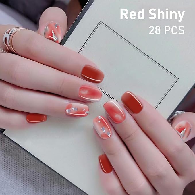 Semi Cured Gel Nail Strips | 28 pcs Gel Nails Strips Work with Any UV Lamps, Long Lasting UV Nail Stickers for Women DIY Nails Wraps(Scarlet Meteor)