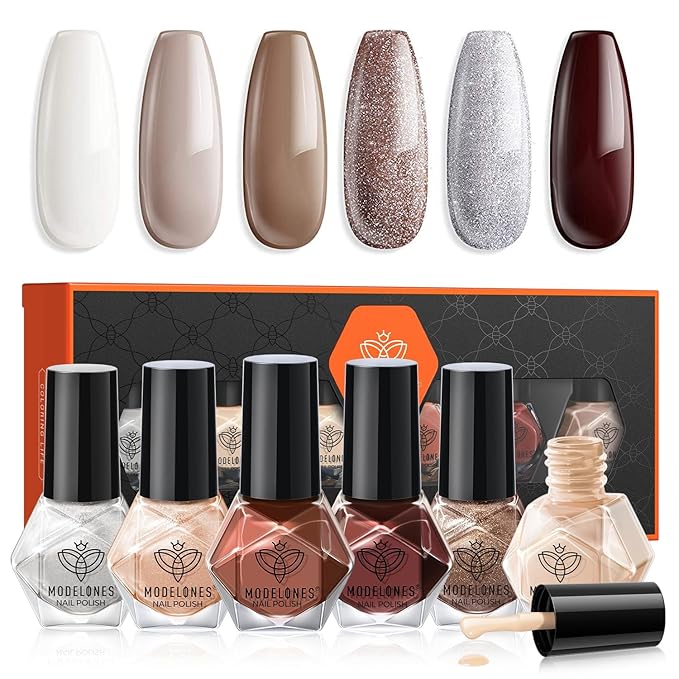 modelones Nail Polish, 6 Colors White Quick Dry Mini Starter Kit, Long Lasting Art DIY Manicure Set at Home for Women Girls
