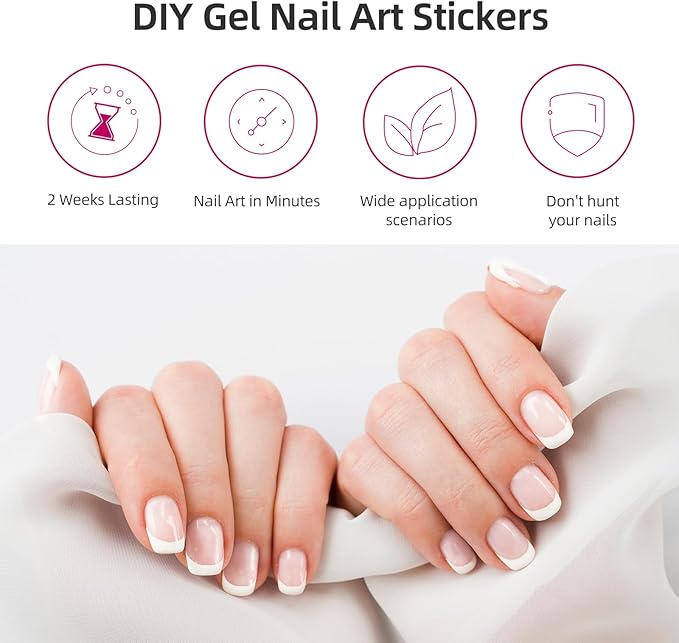 Semi Cured Gel Nail Strips, 28 pcs French Tip Gel Nail Stickers for Women Work with Any UV Lamp, UV Nails Stickers for Home DIY Nails Art (French)