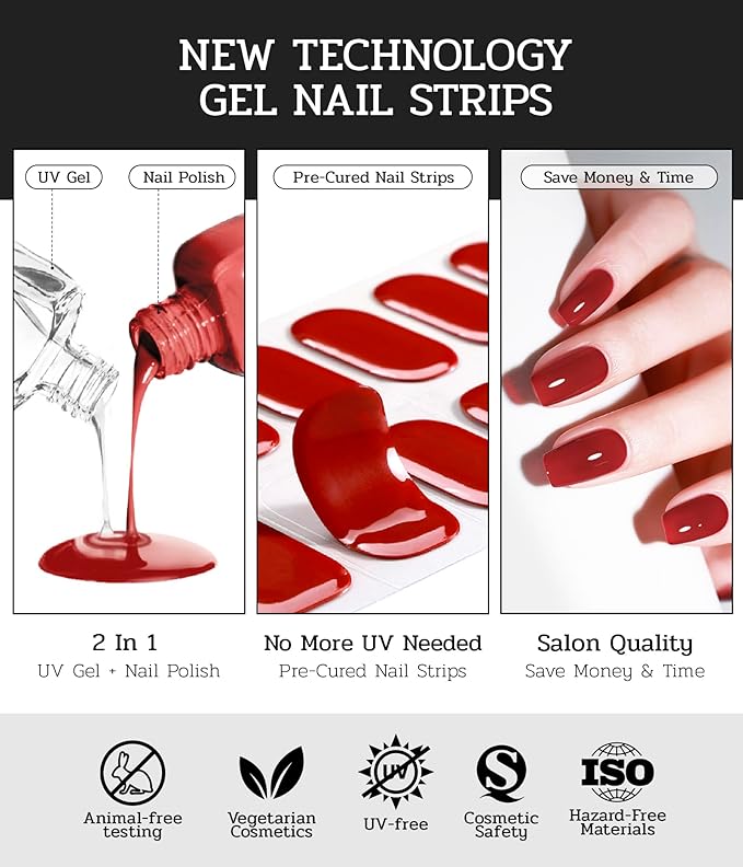 Nail Polish Strips - 22 Pcs Salon Quality Gel Nail Stickers - Long Lasting Wraps (Berry Gold Glitter)