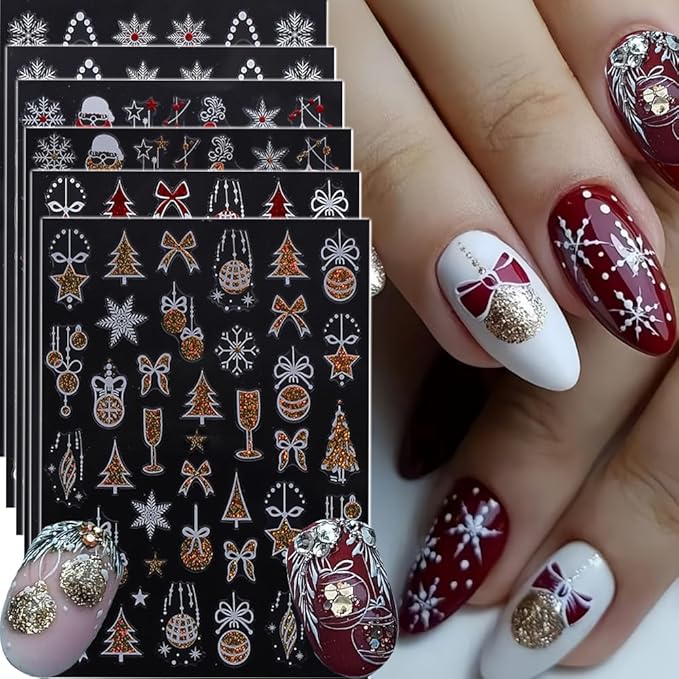 6Pcs Christmas Nail Stickers 3D Red Golden Christmas Tree Nail Stickers for Nail Art DIY Self Adhesive Nail Decals Bow Snowflake Nail Decoration Supplies Holiday Manicure Accessories for Women Girls