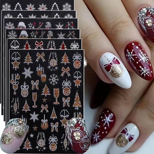 6Pcs Christmas Nail Stickers 3D Red Golden Christmas Tree Nail Stickers for Nail Art DIY Self Adhesive Nail Decals Bow Snowflake Nail Decoration Supplies Holiday Manicure Accessories for Women Girls