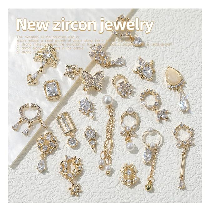 HNUIX Nail Charms and Gems - Gold Copper Zircon, Multiple Shapes, Metal Jewelry Rhinestones Charms, 24Piece