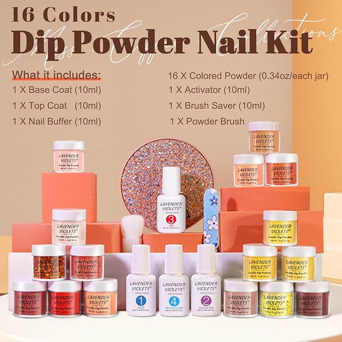 LAVENDER VIOLETS 22Pcs Dip Powder Nail Kit Starter - 16 Colors Halloween Glitter Powder Dipping Liquid Set with Base & Top Coat Activator for Dips Manicure M9601