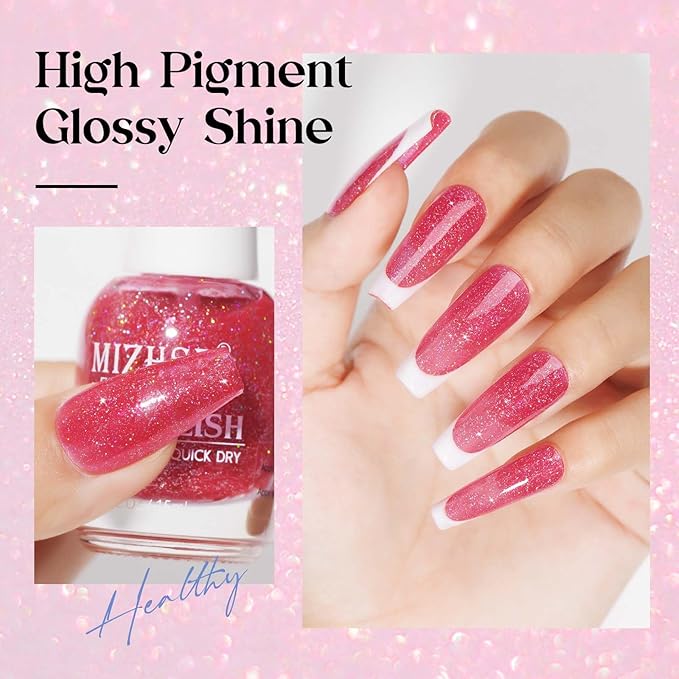 MIZHSE Quick Dry Nail Polish, Shimmery Hot Pink Nail Polish Air Dry Fast, Sparkle Shiny Water-based Glitter Non Gel Full Coverage Nail Art Manicure Home 15ml