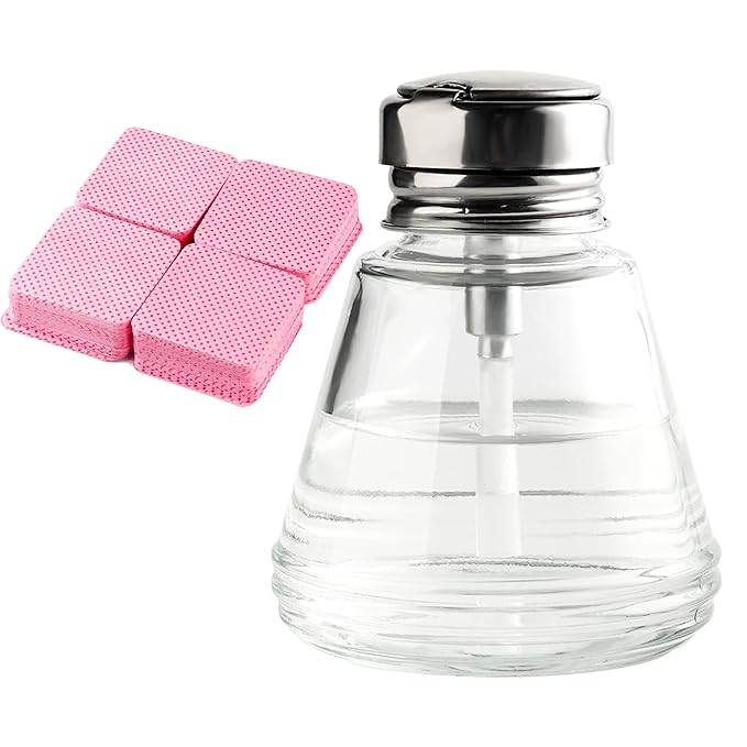 Pump Bottle Dispenser 180ml Clear Nail Polish Remover Pump Glass Metal Push Down Pump Dispenser 200Pcs Lint Free Nail Wipes Alcohol Dispenser Eye Makeup Remover Pump Push Down Empty Bottle