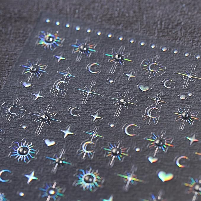 5D Embossed Star Moon Nail Art Stickers Decals Self Adhesive Nail Decals Aurora Star Moon Nail Stickers with Rhinestone Designs Manicure Sliders for Women DIY Nail Art Decorations