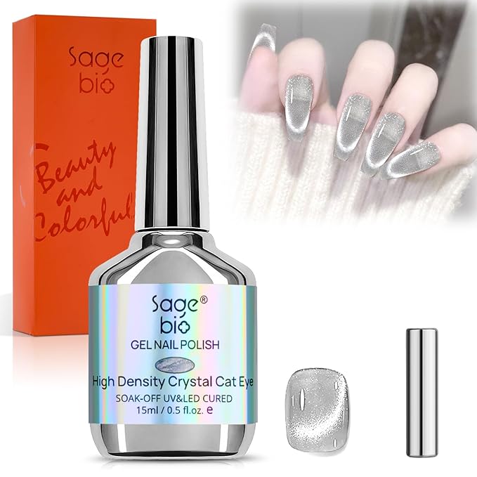 Cat Eye Gel Nail Polish with Magnet Stick, 15ml Glitter Holographic Nail Polish, Magnetic Effect Gel for Home DIY Manicure Gift, Ethereal Gray