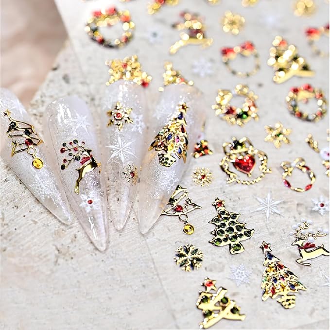 1 Sheets Shining Christmas Nail Art Stickers 5D Embossed Christmas Tree Nail Stickers Wreath Christmas Elements with Rhinestones Nail Decals Acrylic Nail Supplies for Women Girls DIY Nail Salons