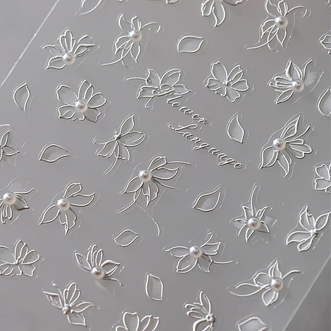 Flower Nail Stickers White Nail Art Stickers Pearl Floral Nail Decals Self-Adhesive 5D Embossed Nail Decals for Women Girls Acrylic Nails Manicure DIY Nail Supplies