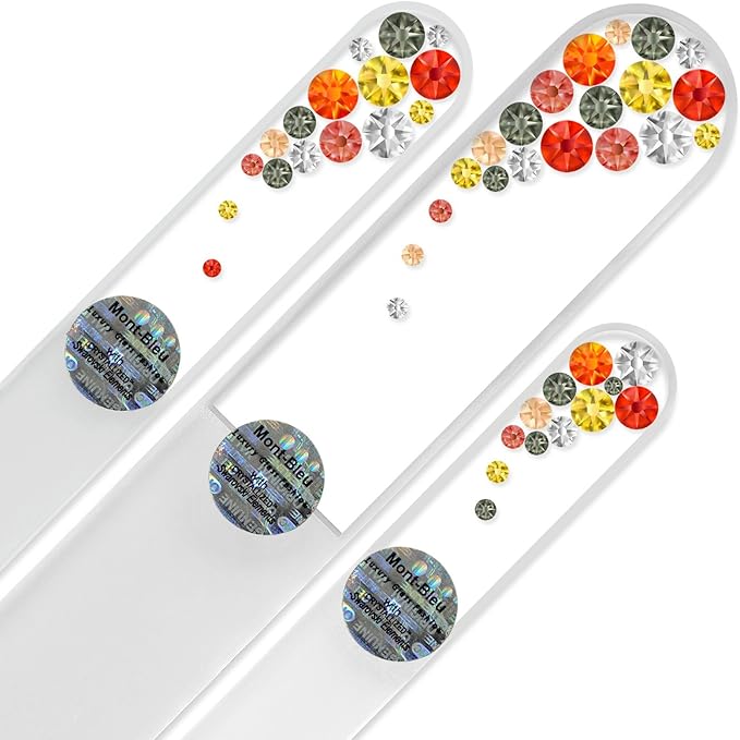 Mont Bleu Set of 3 Glass Nail Files Hand Decorated with crystals - in Black Velvet Sleeve - Genuine Czech Tempered Glass - Handmade Crystal Nail Files
