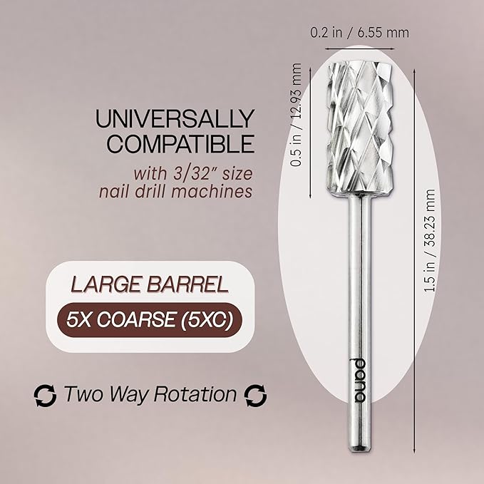 USA PANA 3/32" Shank Size Professional - Flat Top Large Barrel Carbide Bit - 5X Coarse to Extra Fine Grit - Nail Drill Bit for Dremel Machine (5X Coarse, Silver)