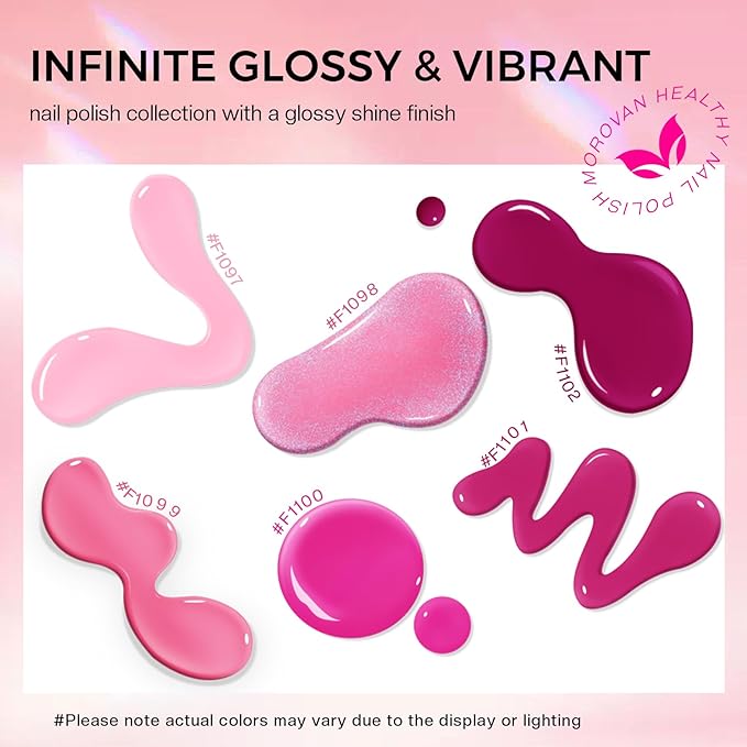 Morovan Pink Nail Polish Set: 6 Colors Neon Hot Pink Nail Polish Glitter Pearl Bright Iridescent Quick Dry Fuchsia Mini Pack Shimmer Manicurist Valentine's Day Gift for Women Girls