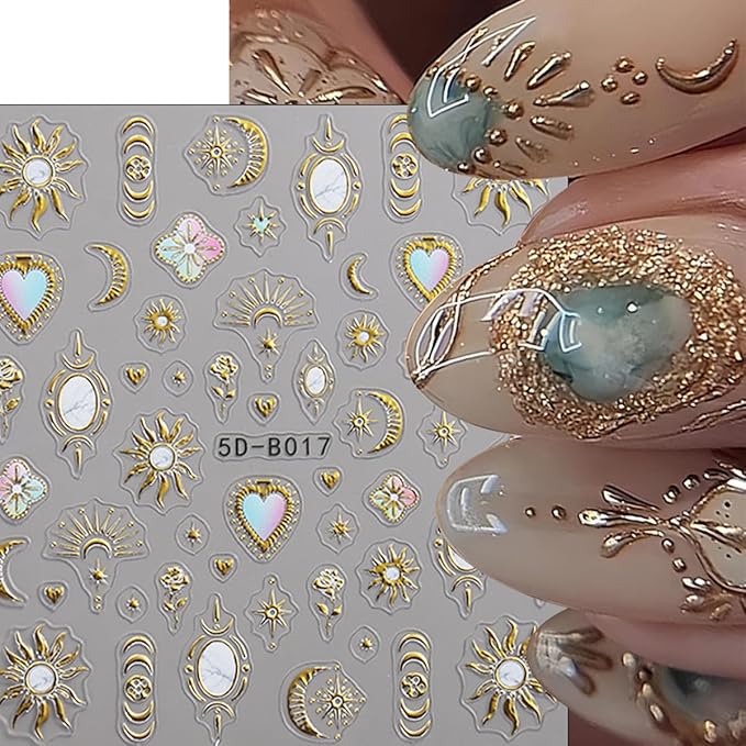 3 Sheets Bohemian Style Nail Stickers 5D Embossed Star Nail Art Stickers Self-Adhesive Heart Moon Sun Nail Decals Bohemia Metallic Nail Designs Accessories Stars Nail Decoration for Women Girls DIY
