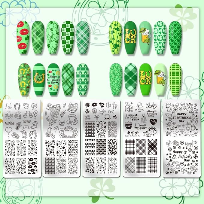 PH PandaHall 5pcs Nail Stamping Plates for St. Patrick's Day, Shamrock Nail Art Templates Leaf Clover Flower Nail Art Stencils Stainless Steel Nail Plates for Holiday Nail Design Print Manicure Salon