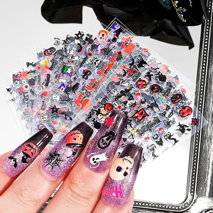24 Sheets Halloween Nail Art Stickers 3D Self-Adhesive Nail Decals Scary Ghost Face Nail Supplies Spider Web Skull Witch Bat Designs Acrylic Nail Accessories for Women Kids DIY Manicure Decorations