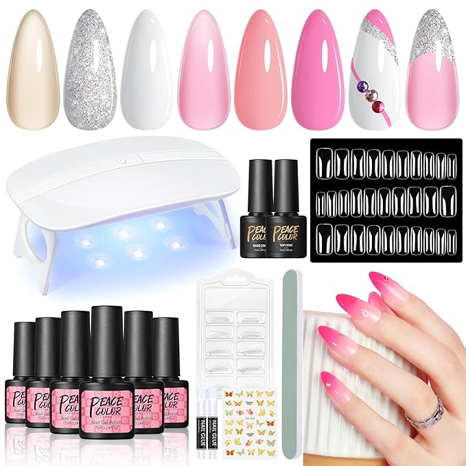 PEACECOLOR Gel Nail Polish Kit with U V Light, 6 Colors White Nude Pink Jelly Sliver Glitter Gel Polish Kit 50PCs False Tips Base Top Coat Nail Art Stickers Manicure Tools Salon DIY Home for Women