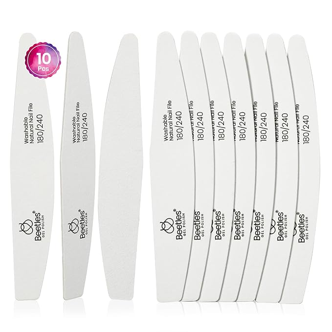 Beetles Pro 10-Pcs Nail File – Professional 180/240 Grit Washable Natural Nail File Double Sided Wood Board Nails Files for Acrylic, Gel & Natural Nails – Salon Quality Manicure Tool