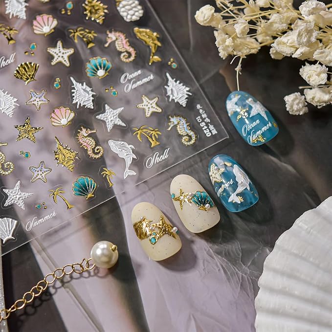 5D Embossed Seashell Nail Art Sticker with Pearl Shell Design Summer Nail Stickers Ocean Starfish Dolphin Seahorse Nail Decals Gold Conch Coconut Tree Stickers for Women Nails Supplies Decor 1Pcs