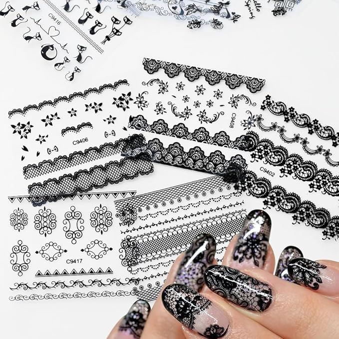 30 Sheets Black Nail Art Stickers 3D Self-Adhesive Black Lace Hollow Nail Decals 3D Black Retro Cat Flower Star Moon Heart Nail Stickers Nail Art Design for Women DIY Acrylic Nails Decoration