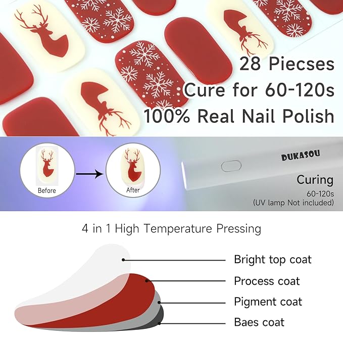 Christmas Semi Cured Gel Nail Strips, Elk | 28 pcs Gel Nail Strips Work with Any UV Lamp, Salon Quality UV Nails Stickers, Easy to Apply for Home Nails DIY