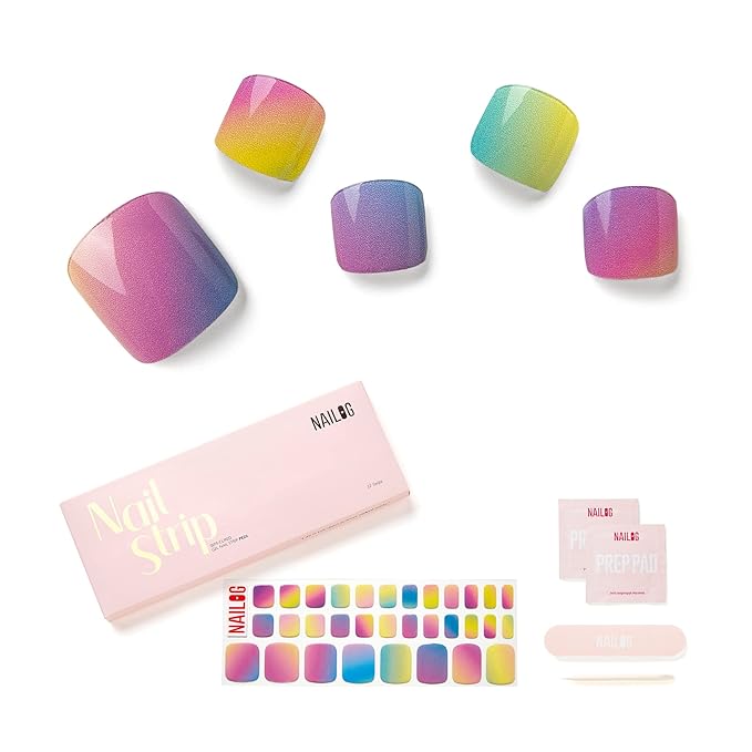 NAILOG Semi Cured Gel Nail Strips, Toe Nail Polish Strips with Glossy Gel Finishing | Buy 3 Get 1 UV Lamp| 32 Pieces Long Lasting Pedi Stickers | Rainbow