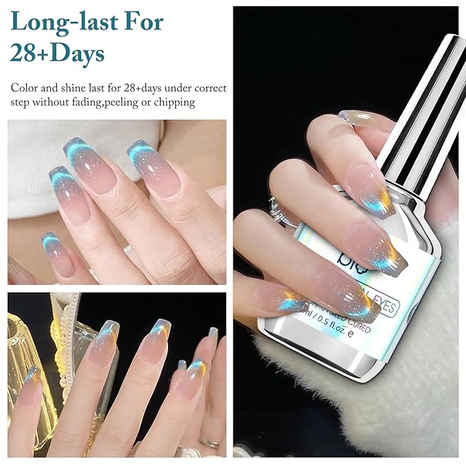 Cat Eye Gel Nail Polish with Magnet Stick, 15ml Glitter Holographic Nail Polish, Magnetic Effect Gel for Home DIY Manicure Nail Art, Blue Tears