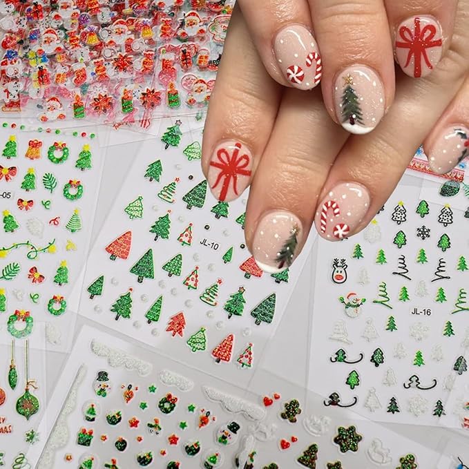 30PCS Christmas Nail Art Stickers Snowflakes Claus Reindeer 3D Self-Adhesive Xmas Nail Decals Nail Art Supplies Xmas Tree Wreath Gingerbread Man Design Christmas Stickers for Holiday Nail Decorations