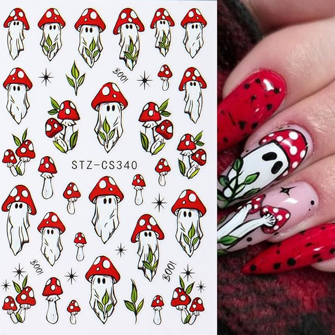 Halloween Nail Art Stickers Decals 3D Skull Mushroom Ghost Halloween Nail Stickers 6PCS Rose Flowers Love Heart Leaf Design3D Self-Adhesive Nail Decals Manicure Supply for Holiday Nail Art Decorations