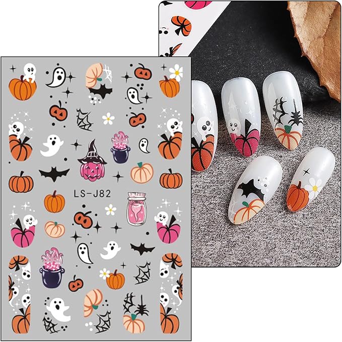6 Pcs Halloween Nail Art Stickers,3D Self-Adhesive Nail Decals Ghost Cute Pumpkin Bat Cat and Skull Designs Nail Decorations Halloween DIY Manicure Supplies for Women Girls