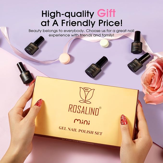 ROSALIND 12 Color Glitter Gel Nail Polish Set, Gold Hot Pink Silver Sparkly Shiny Pink Red Gel Nail Polish for Nail Art Gift