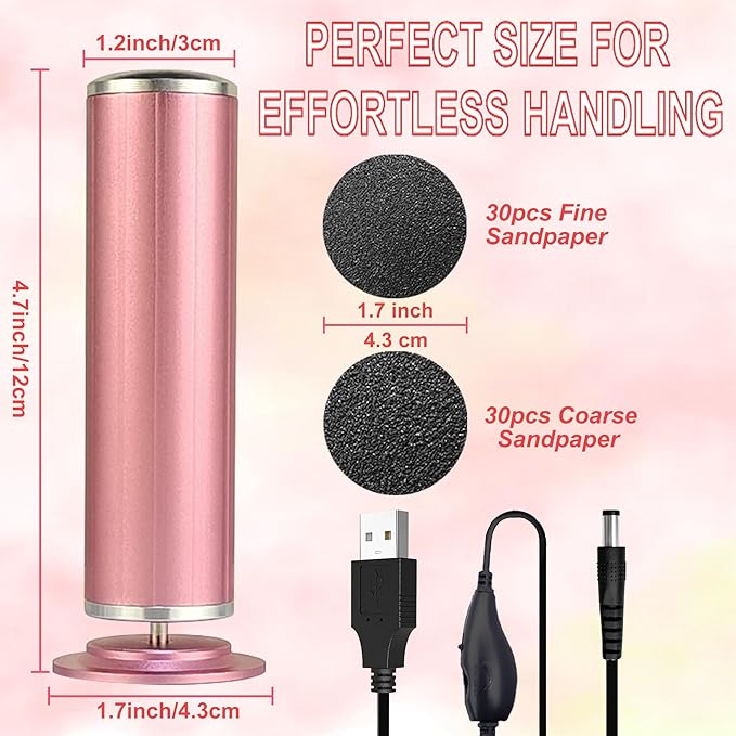 Electric Callus Remover for Feet, USB Power Supply Powerful Electric Foot File Sander Scrubber with Speed Controller & 60Pcs Replacement Sandpaper Disk for Dead Skin, Cuticles Pink