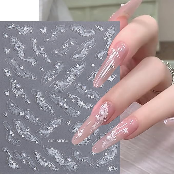 3 Sheets White Bow Ribbon Nail Art Stickers Pearl Lace Rhinestone Embossed Nail Decals Butterfly Pearl Design Self-Adhesive Nail Stickers Women's Nail Art Supplies