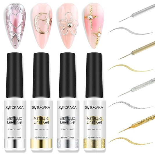 Nail Art Liner Gel Polish Set, 4pcs Metallic Silver Bronze Gold Glitter Reflective Colors Painted Drawing Stripper Gel Nail Polish Soak off Curing Requires with Thin Nail Art Brush