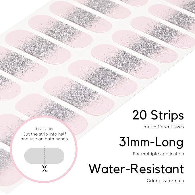 NAILOG Semi Cured Gel Nail Strips, Extra Long Glitter Nail Polish Strips (20 Pieces), Buy 2 Get 1 UV Lamp, Long Lasting Gel Nails with Soft Glossy Gel Finish, Ballerina
