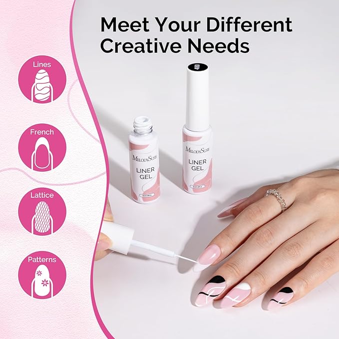 MelodySusie 2Pcs Gel Liner Nail Art Polish,for Line and Patterns of Painting,French Nail Tips,DIY Manicure Pedicure for Home DIY Salon Use 8ML White and Black