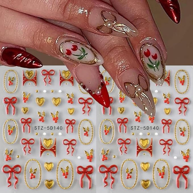 5D Embossed Nail Stickers Red Gold Bow Heart Nail Decals DIY Self Adhesive Christmas Nail Design Sticker Cute Nail Decoration Supplies Holiday Manicure Accessories for Women Girls 2Pcs