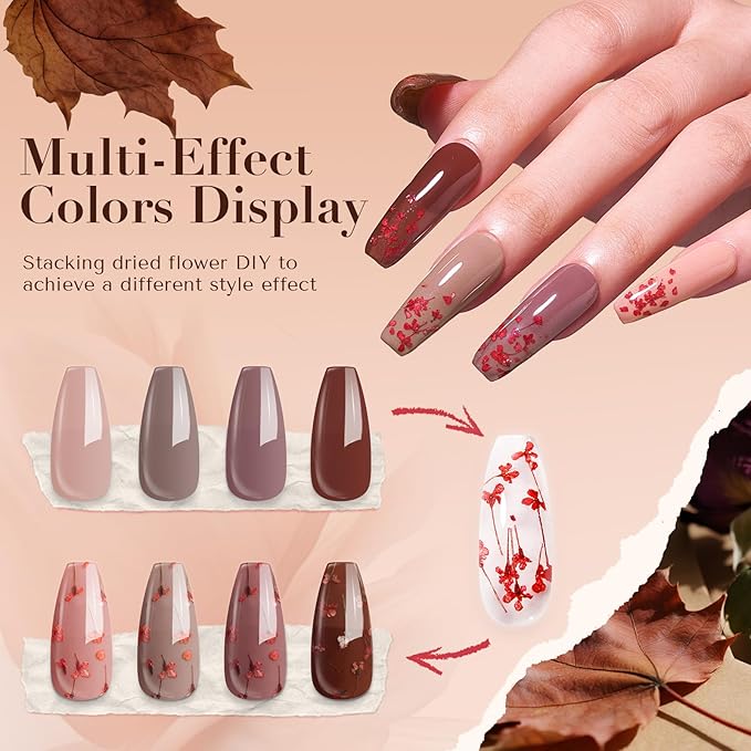 AZUREBEAUTY Dip Powder Nail Kit, 4 Colors Nude Dark Brown with Dried Flower Set, Fall Winter Natural Dipping Powder Starter Liquid Set Recycling Tray with Base & Top Coat Activator ﻿
