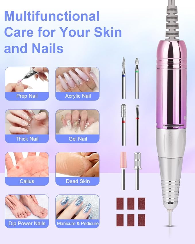 Electric Nail Drill Professional: Rechargeable Nail File with Bits for Acrylic Gel Nails, Professional Nail Drill Manicure Pedicure Polishing Shape Tools for Home Salon