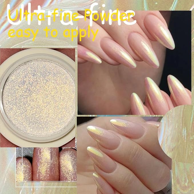 evpct 3Pcs Chrome Nail Powder Kit for Nails Polish White Purple Yellow Pearl Mermaid Rainbow Holographic Iridescent Chameleon Metallic Neon Pigment Mirror Chrome Nail Powder for Gel Nails Glitter 02