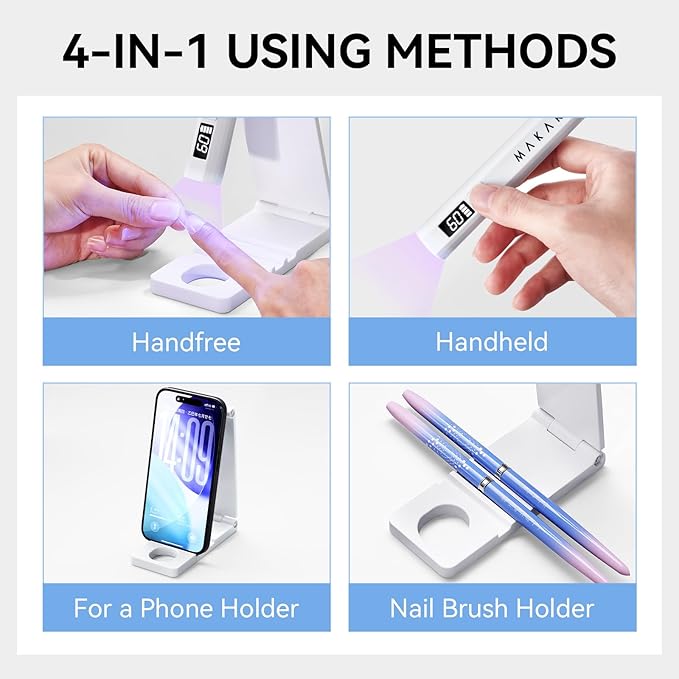 Makartt UV Nail Lamp with Stand – Handheld UV Light for Gel Nails for Nial Tips & Gel Polish, USB Rechargeable Fast Curing Flash Cure Lamp with LCD & 2 Timers for DIY Home or Salon