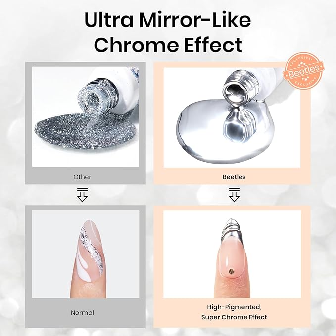 Beetles Metallic Silver Liner Gel Nail Art 7ml French Tip Gel Nail Polish 3D Mirror Chrome Effect Metal Painted Pens for Thin French Swirl Line Nail Art Polish Soak off Uv Lamp Manicure Salon