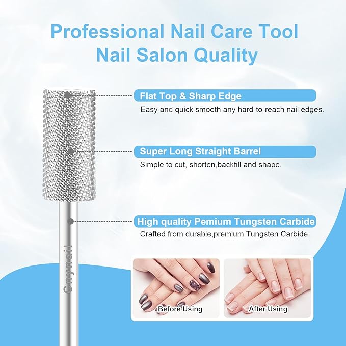 3/32" Large Barrel Bit Tungsten Carbide Nail Drill Bit Safety Bit for Gel & Acrylic Removal, 2- Way Rotating Efile Tip, Salon Electric File Accessory (F Girt, Silver)