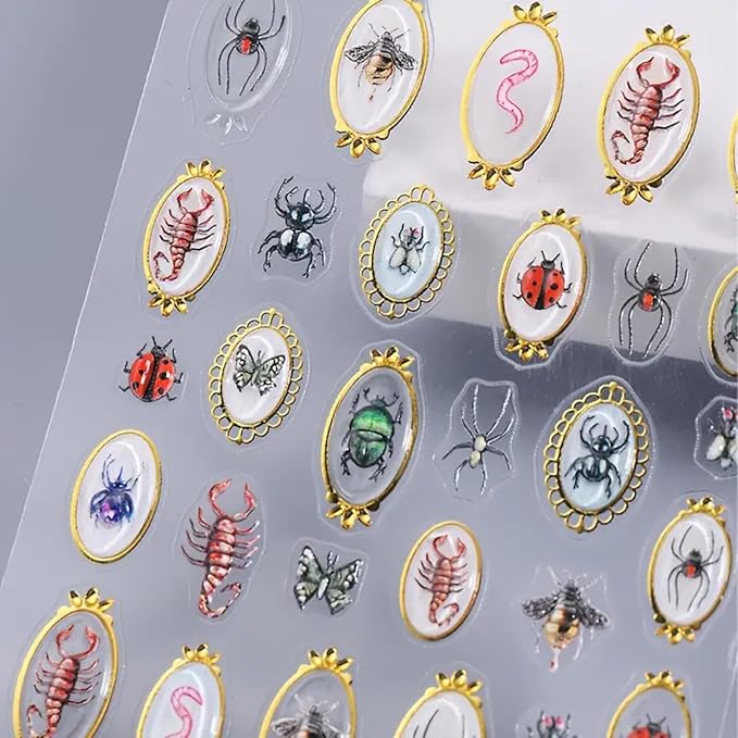 Insect Nail Art Stickers Decals 5D Embossed Nail Art Decals 5D Nail Stickers Amber Spider Ladybug Scorpion Butterfly Insect Nails Designs Cute Halloween Nail Accessories for Acrylic Nails Decorations