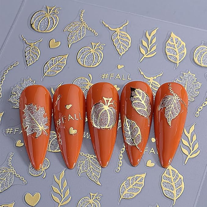 6 Sheets Fall Nail Stickers for Nail Art Halloween Pumpkin Maple Leaf Nail Stickers 3D Self-Adhesive Gold Black Maple Leaf Heart Nail Decals Autumn Maple Leaves Nails Design Leaf Sticker for Women